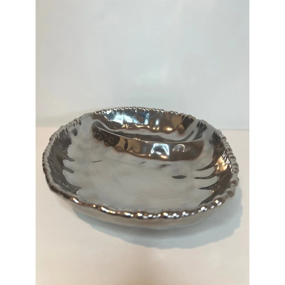 Metallic Silver Ceramic Serving Bowl Chip Dip Tray Divided Dish Appetizer Modern